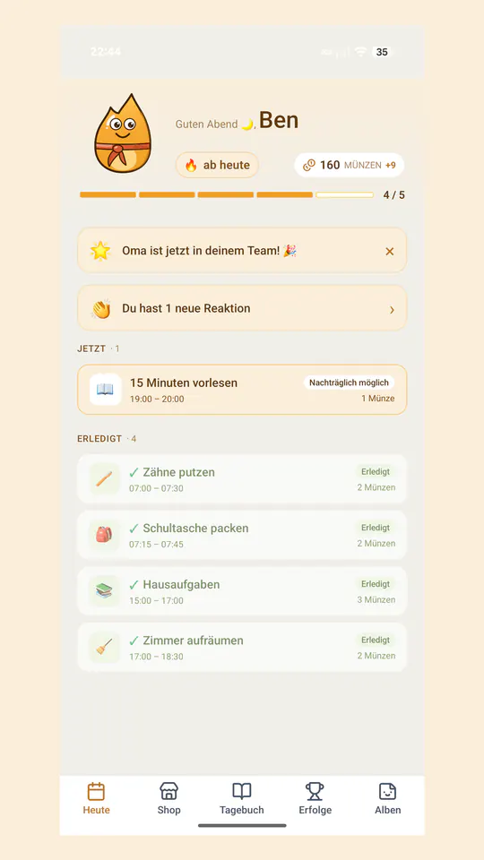 Kind-Ansicht Heute: Begrüßung mit der Figur Funke, Streak-Chip, 160 Münzen, Fortschritt 4 von 5 und die Quests des Tages, sortiert nach Jetzt und Erledigt.