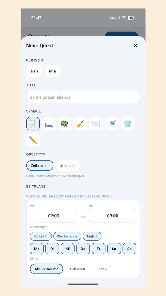 Eltern-Ansicht Neue Quest: Auswahl des Kindes, Titel, Symbol, Quest-Typ Zeitfenster oder Jederzeit und ein Zeitplan mit Uhrzeiten und Wochentagen.