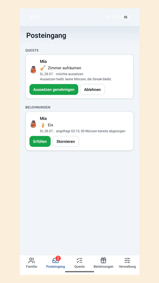 Eltern-Ansicht Posteingang: eine Quest, die ein Kind aussetzen möchte, und eine angefragte Belohnung, beide mit zwei Knöpfen zur Entscheidung.