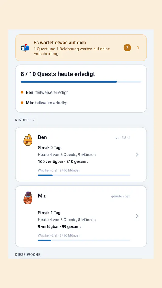 Eltern-Ansicht Familie: Hinweis auf zwei offene Entscheidungen, 8 von 10 Quests heute erledigt, darunter je Kind Streak, Münzen und Wochen-Ziel.