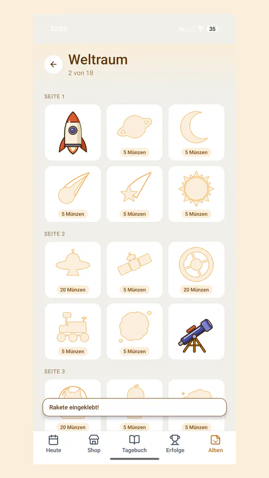 Kind-Ansicht Alben: das Sticker-Album Weltraum, 2 von 18 Stickern eingeklebt, die offenen Plätze als Umriss mit ihrem Münz-Preis.