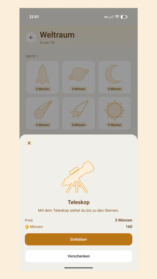 Kind-Ansicht Alben: der Sticker Teleskop im Detail, 5 Münzen, darunter die Knöpfe Einkleben und Verschenken.