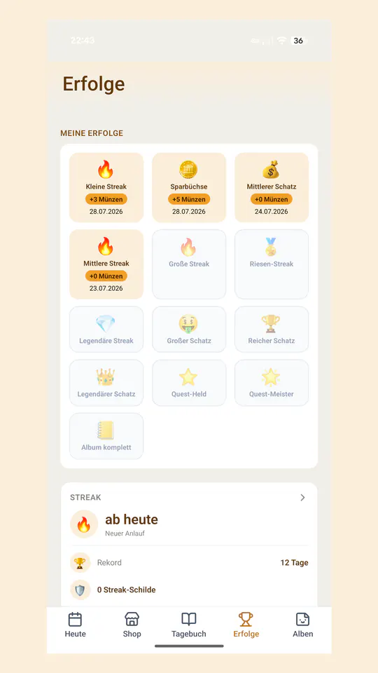 Kind-Ansicht Erfolge: ein Raster aus freigeschalteten und noch offenen Erfolgen, darunter der Streak mit Rekord und Streak-Schilden.