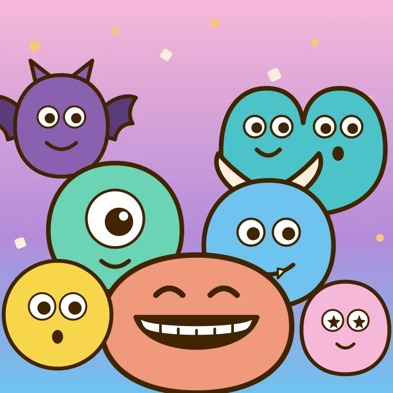 Deckblatt des Albums Monster-Parade: sieben freundliche bunte Monster nebeneinander.