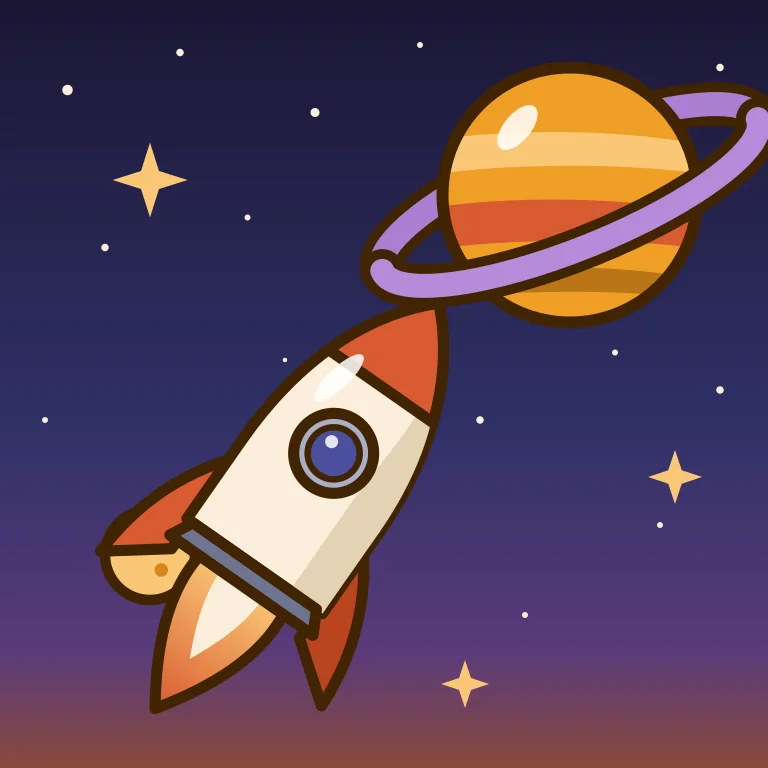 Deckblatt des Albums Weltraum: eine Rakete fliegt an einem Ringplaneten vorbei.